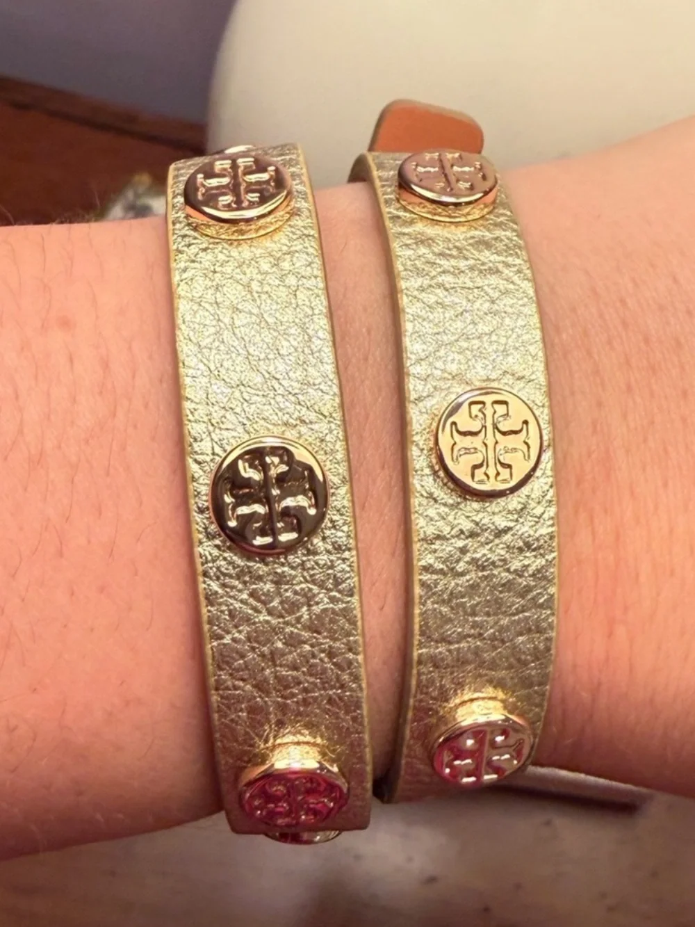 Tory Burch Gold Double-Wrap Leather Bracelet with Logo Studs